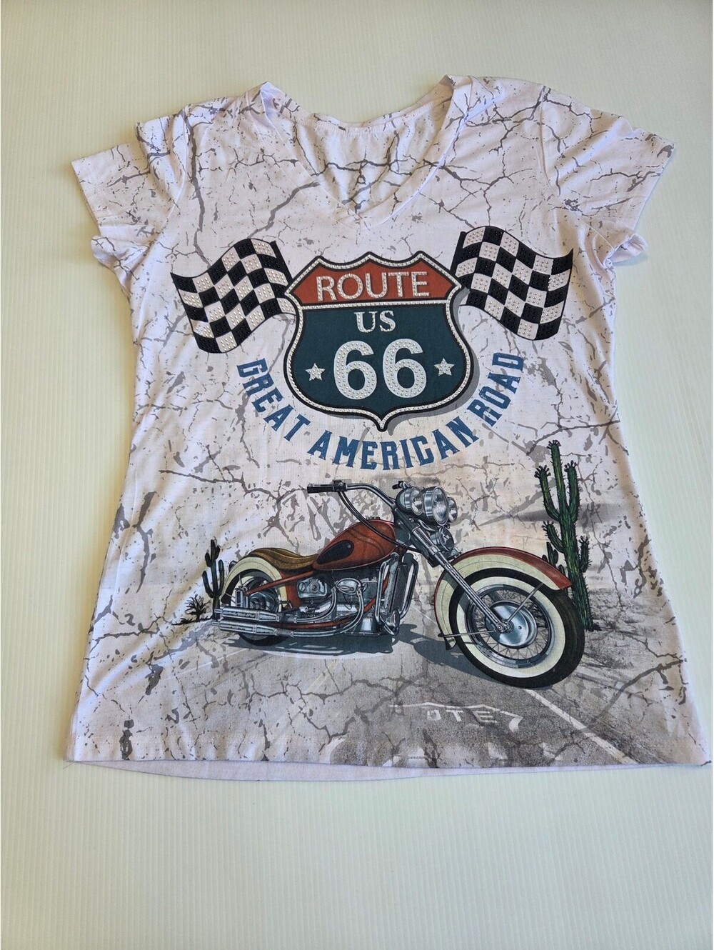 Women's Route 66 Graphic Motorcycle Rhinestone T-Shirt Size Small